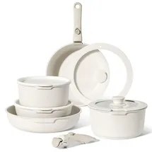 just perfecto household appliances Just Perfecto Töpfe Pfannen 11-Teilig,Topfset Pfannenset mit abnehmbaren Griffen,Pfanne 20/26cm,Topf 18/20cm,Tiefe Bratpfanne 26cm,Antihaftversiegelung,Kochen stapelbar topf Induktion,Ofenfest (Biege)