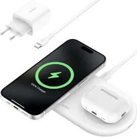 Belkin BoostCharge Pro kabellose 2-in-1-Ladestation mit Qi2, 15W, Schnellladegerät, Wireless Charger für iPhone 17, Air, 16, Pixelsnap, AirPods und MagSafe-fähigen Geräten – Weiß