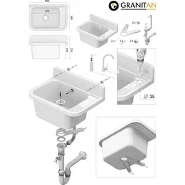 GRANITAN Ausgussbecken für Garage Keller, Universal Waschtrog mit Siphon, Grau, Set 1 - Grau