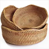 Rattan Aufbewahrungskörbe rund, handgeflochtene Körbchen aus natürlichem Rattan, Obstkorb und Dekokorb für Küche & Wohnzimmer, 3er Set