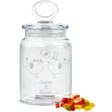 PR Print Royal Personalisierte Keksdose aus Glas mit Gravur zur Hochzeit - 800 ml - Vögel mit Namen und Datum als Geschenk zur Hochzeit | Personalisiertes Geschenk Ideen Hochzeitsgeschenk