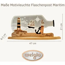Weigla LED Dekolicht WEIGLA "Flaschenpost "Maritim" aus Holz & Acrylglas", natur, weiß, braun, H:22cm L:47cm T:8,2cm, Leuchten, Erzgebirge garantiert, maritime Innendeko, Dekolampe