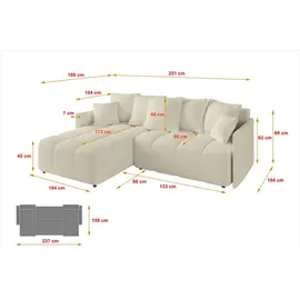 altdecor Ecksofa mit Schlaffunktion und Bettkasten LONLI-L 251x189x68 cm Beige - Corner Sofa Bett Eckcouch Couch L-Form Schlafcouch Ausziehbar Wohn... - milchig