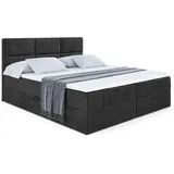 ALTDECOR Boxspringbett mit H3-Matratze (20 cm hoch) mit Bonellfederung + PUR, Topper (5 cm hoch), Polsterbett mit Kopfteil und Bettkasten Ohio - 200x200 - Schwarz Samt