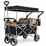 IMLEX Bollerwagen faltbar XXL mit Dach – Handwagen für 2 Kinder bis 80 kg – Schiebegriff & Zugstange – Geländereifen – kompakt klappbar für Strand, Camping, Garten, Zoo & Freizeit IM-4268 Schwarz