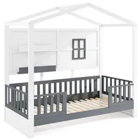Costway Hausbett 90x200cm, Kinderbett mit Rausfallschutz, 2 Regalen, Holzbett in Hausform mit Fenster & Lattenrost, Bodenbett, Weiß, Grau - Weiß/Grau