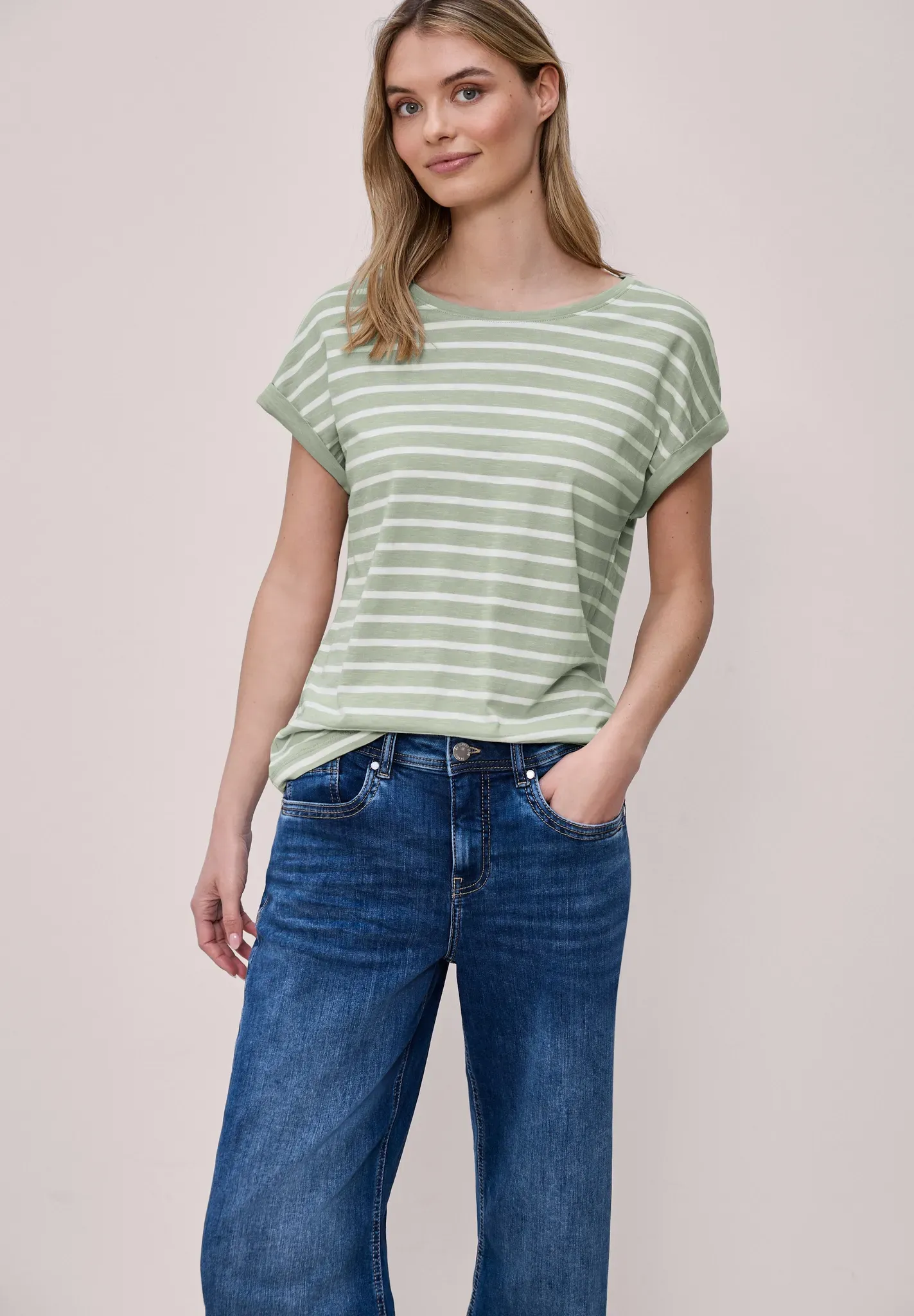 T-Shirt STREET ONE, Damen, Gr. 34, mint leaf, Web, 50% Modal, 50% Baumwolle, gestreift, normal normal, Rundhals, abgesteppt, Shirts T-Shirt, Jersey