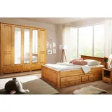 Schlafzimmer-Set HOME AFFAIRE "Hugo", beige (natur geölt), B/H: 180cm x 200cm, Schlafzimmermöbel-Sets, Bett 180x200 cm, 5-trg Kleiderschrank und 2 Nachttische