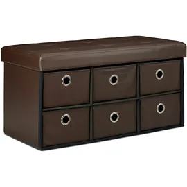 Relaxdays Sitzbank mit Stauraum, 6 Fächer, HxBxT:38x76x38cm, Kunstleder, faltbar, Sitztruhe/Ottomane, braun