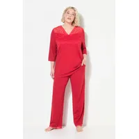 Ulla Popken Damen Pyjama, Spitzeneinsatz, V-Ausschnitt, 3/4-Arm Pyjamaset, Salsa,