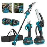 Akku-Hochentaster 3-in-1 Bürstenloser Elektro Teleskop Hochentaster Astsäge Gartenschere mit 2× Akku, 2m Stangenlänge, Kompakte Hochentaster zu...