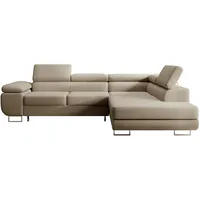 Selsey Stevil - L-Sofa mit Schlaffunktion, Bettkasten, Ottomane rechts, Veloursbezug Beige