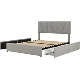 XDOVET Doppelbett,Polsterbett(Grau,140*200cm)Kingsize Polster Plattform Bett mit vier Schubladen auf zwei Seiten, Verstellbares Kopfteil - Grau