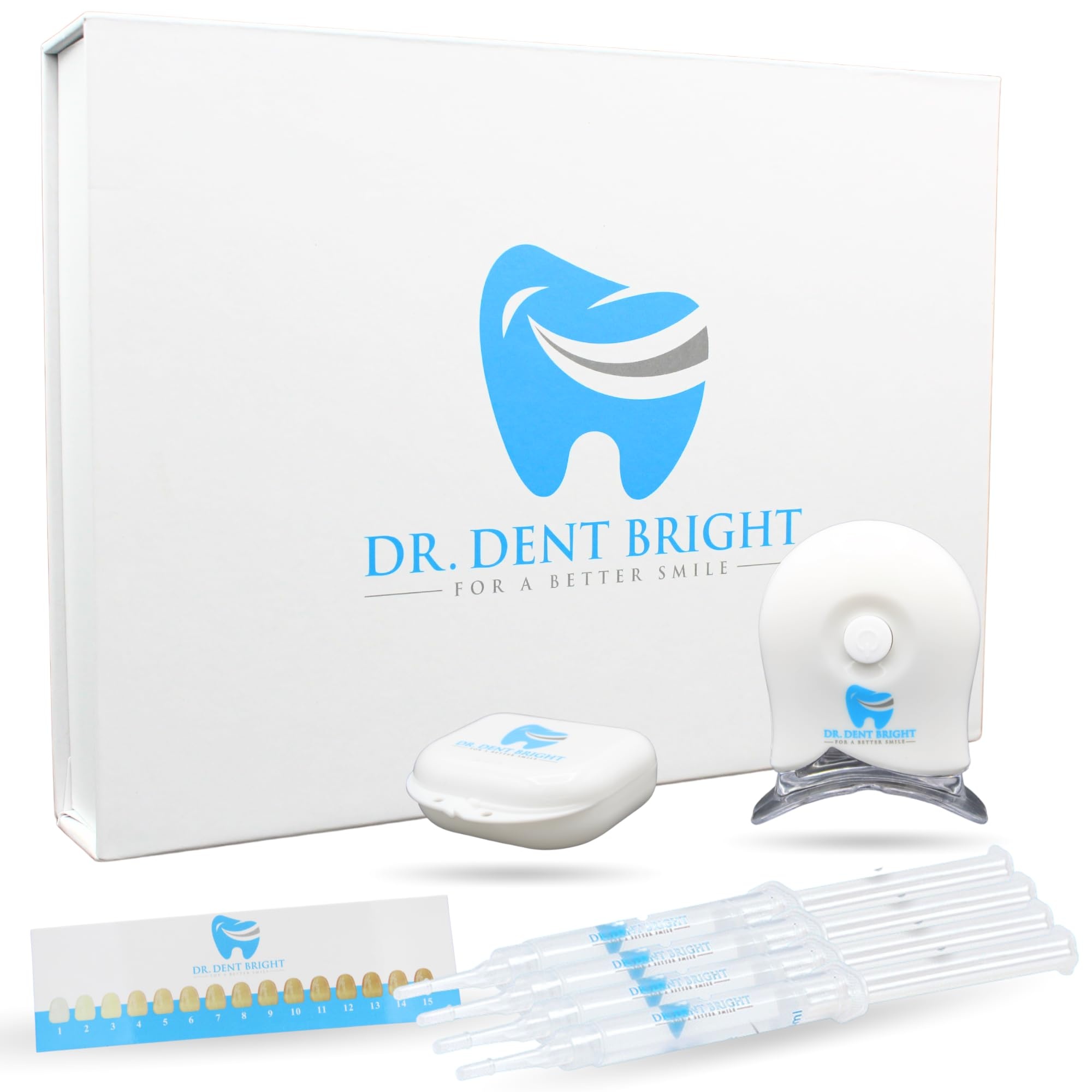 Dr. Dent Bright Zahnbleaching Set | Pro. Zahnaufhellungs-Kit | Sicher & Effektiv | LED-Licht, Aufhellungsgel, Mundschienen, Shade Guide | Für Empfindliche Zähne | Home Bleaching | Top Qualität