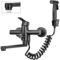 Küchenarmatur, Wasserhahn Küche Wandmontage, Wandarmatur Küche mit Spritzpistole, 360° Drehbare Küchenarmatur Wandmontage - Schwarz