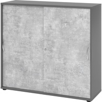 bümö Schiebetürenschrank "3OH" - Aktenschrank abschließbar, Sideboard Schrank mit Schiebetüren in Graphit/Beton - Büroschrank aus Holz mit