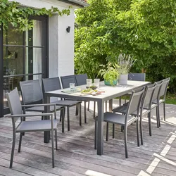Oviala Business Gartenmöbel 10-Sitzer aus Aluminium und Keramik mit grauem Holzeffekt