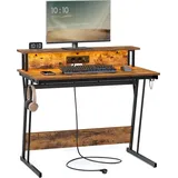 VASAGLE Schreibtisch Gaming Tisch mit eingebauter Steckdosenleiste Computertisch 100cm vintage - Braun