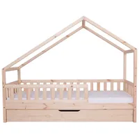 TICAA TiCAA Hausbett Bodenbett wandelbar mit asymmetrischem "Lou" 90/100/120/140x200 cm für Jungen & Mädchen, inkl. Rolllattenrost, Zusatzbett & Rausfallschutz, Montessori Bett aus Kiefer Massivholz