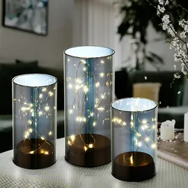 GLOBO Tischleuchten Rauchglas Dekolampe LED Windlicht Glas, Schalter Timer, Batterien, warmweiß, h 12,5-15-17,5 cm, Set 3er Set
