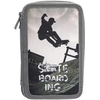 IDENA Federmappe Triple mit 3 Reißverschluss-Fächern, Design Skateboard, gefülltes Federmäppchen mit 47 Teilen