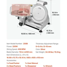Vevor Allesschneider Fleischschneider 320 W elektrische Aufschnittmaschine mit 25 cm Klinge, Fleischschneidemaschine mit 0-10 mm einstellbarer Dicke, für gefrorenes Fleisch Schinken Prime Steak
