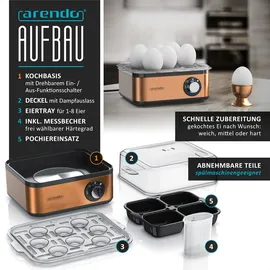 Arendo Eierkocher 8-fach, 500 W, Edelstahl, Warmhaltefunktion, Härtegrad einstellbar, für 8 +eier, Kupfer