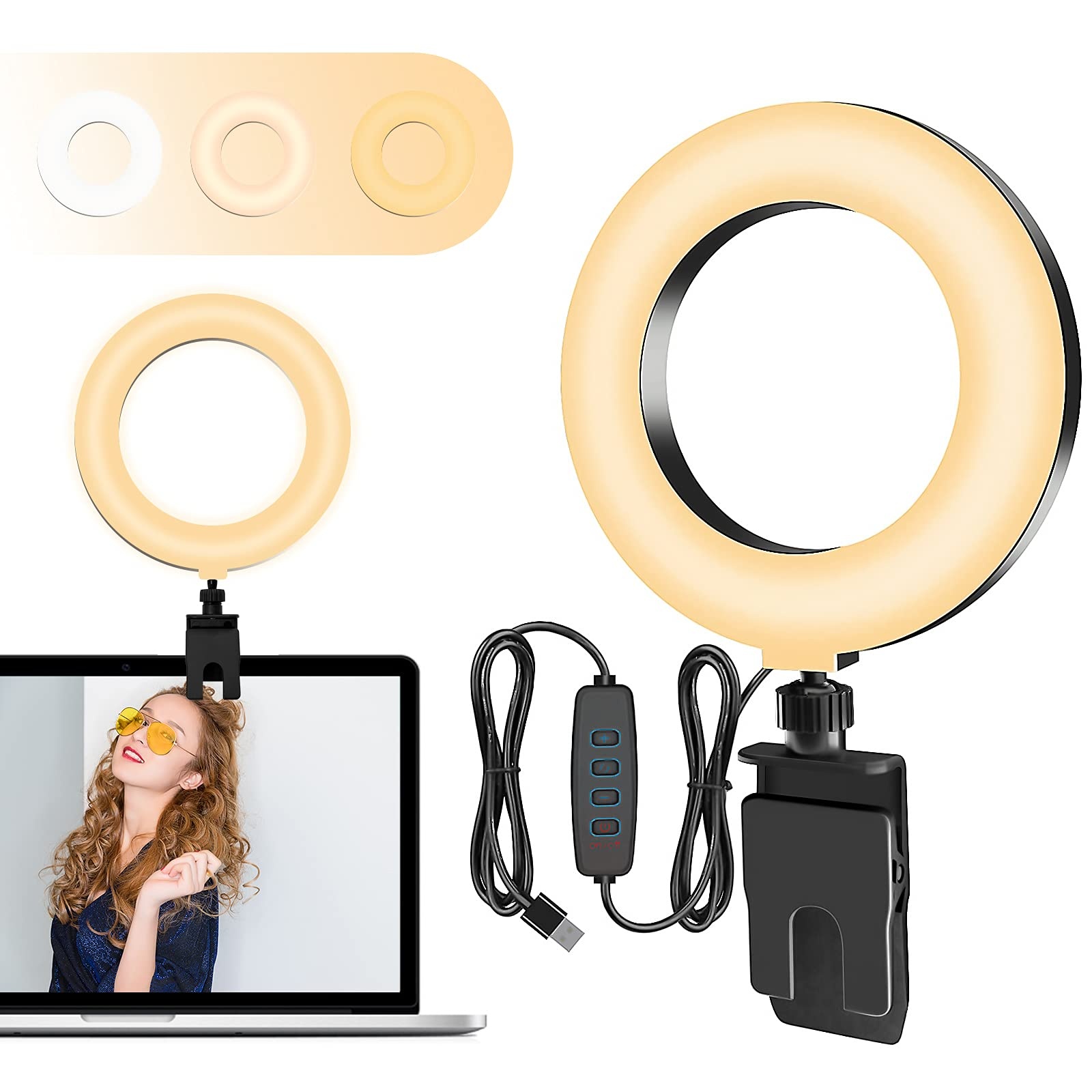 Selfie Ringlicht für Laptop, 6'' LED Ringleuchte mit Clip, 3 Modus & 10 Helligkeit, USB Videokonferenz Licht 360°Drehbar, Ring Light für Webcam, Kosmetik, YouTube, Tiktok, Makeup, Live Stream, Vlog