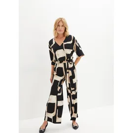 bonprix Jersey-Jumpsuit, schwarz, Gr.56/58 (3XL), graphisch bedruckter Jersey-Jumpsuit mit Knopfverschluss hinten am Ausschnitt