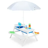 Relaxdays Kindersitzgruppe für draußen, Garten Picknickbank mit Schirm, Holz, Sand- & Wasserspieltisch für Kinder, weiß, 49 x 86 x 92,5 cm