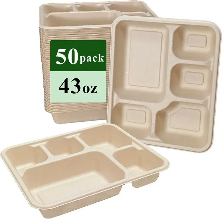 Ruibamboo Einwegtablett aus Bambusfaser 43oz mit 5 Fächern, 50 Stück