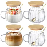 Anhow 4er Cappuccino Tassen, 450ml Latte Macchiato Gläser Hitzebeständig Kaffeegläser mit Deckel und Löffel für Latte/Cappuccino/Getränke/Tee/Kaffee - Transparent