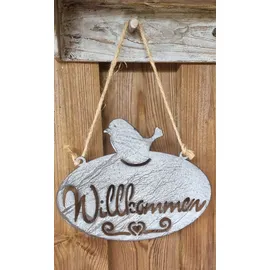 Ambiente Haus Gartenstecker Willkommen Schild mit Vogel 24 x 34 cm Grau