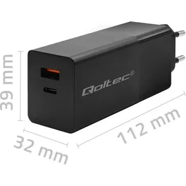 Qoltec GaN POWER PRO Ladegerät 1xusb-c 1xUSB 100W 5-20V 1,5-5a PD Laptop Smartphone Schwarz