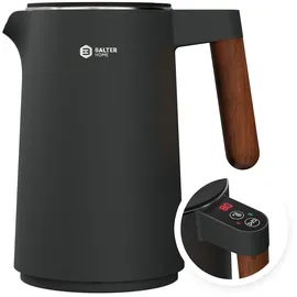 Balter Edelstahl Wasserkocher mit Temperatureinstellung, 45°C-100°C, Doppelwand, BPA frei, leise & kabellos, Warmhaltefunktion, Teekocher mit Temperaturanzeige, 1.5L, 2200W, Schwarz (Titanium Gray)