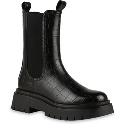 Damen Plateaustiefel in Schwarz Kroko