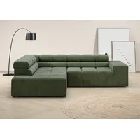 Ecksofa INOSIGN "Ancona, incl. Kopfteilverstellung + 3 Zierkissen L-Form" Sofas Gr. B/H/T: 249cm x 70cm x 215cm, Cord, Recamiere links, ohne Sitztiefenverstellung, grün (oliv) wahlweise motorische Sitztiefenverstellung, BT(H: 24921570 cm