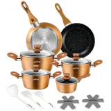 15-Tlg Topfset Pfannenset Kochtopfset Topfset Induktion, Aluminium Antihaft-beschichtete Töpfe & pfannen, 15PCS Cookware Gold(2208PS10C)