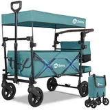 Sekey Bollerwagen Faltbar mit Dach 2 Kinder, Faltbarer Handwagen Schiebegriff, und 3-Punkt-Sicherheitsgurt, bis 150 kg Tragkraft, Blaugrün