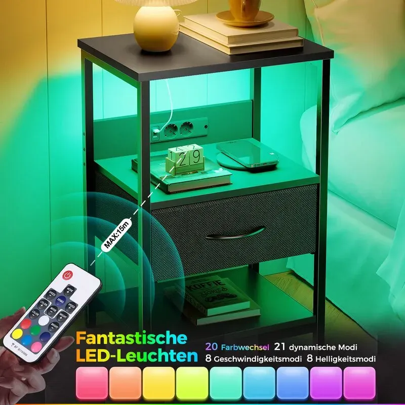 Rolanstar LED-Nachttisch mit Ladestation, 1 Schublade, 2-fach-Steckdosenleiste und 2 USB-Anschlüssen – schlanker Beistellschrank für Schlafzimmer, Wohnzimmer und Sofa