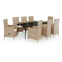 VidaXL 9-tlg. Garten-Essgruppe mit Auflagen Beige