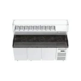 Gastronics Pizzakühltisch Premium – Kühltheke mit schwarzem Compact im Marmor-Design LED mit 207 x 80 x 145 cm 3 Türig