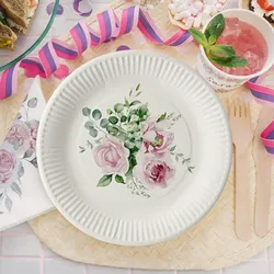 ECOFIESTA 96 Stück Pappteller 23 cm Rosen & Eukalyptus - Plastikfreie Party-Teller - Papier-Teller für stilvolle Events, nachhaltige Produktion