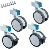 SOTECH 4er set Möbelrolle Hamm Ø 63 mm Höhe 74,5 mm, weiß/grau, 35Kg Tragkraft (2x Lenkrollen, 2x Lenkrollen mit Bremse), U-Profil für 19 mm Wandstärke, Transportrolle inkl. Befestigungsschrauben