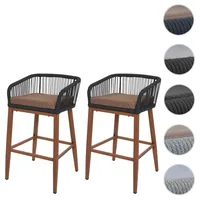 Mendler 2er-Set Rope-Barhocker HWC-O22, Outdoor Sitzpolster Seilgeflecht Metall Holz-Optik