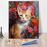 Abstrakte Blume und Katze Malen nach Zahlen für Erwachsene Orange Katze Malen nach Zahlen Kits Kinder niedlichen Kätzchen Malen nach Zahlen DIY Malen nach Zahlen Canvas Kunsthandwerk, 16 "x20"