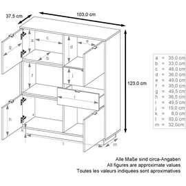 Vladon Highboard 103 x 123 x 37,5 cm Weiß Hochglanz