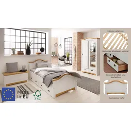 otto home Massivholzbett OTTO HOME "Konrad, Stauraumbett, Messinggriffe, rustikaler Landhausstil", weiß (weiß, honig), B:103cm H:90cm L:209cm, Betten, Massivholzbett, mit FSC-zertifiziertem Massivholz, Liegehöhe 40 cm