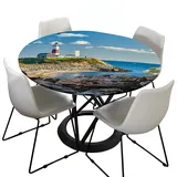 Morbuy Rund Tischdecke Elastisch, Meer Drucken Rund Tischdecken Wasserdicht Lotuseffekt Abwaschbar Abwischbar Tischtuch für Dekoration Küchentisch Garten Outdoor (Durchmesser 110cm,Leuchtturm)