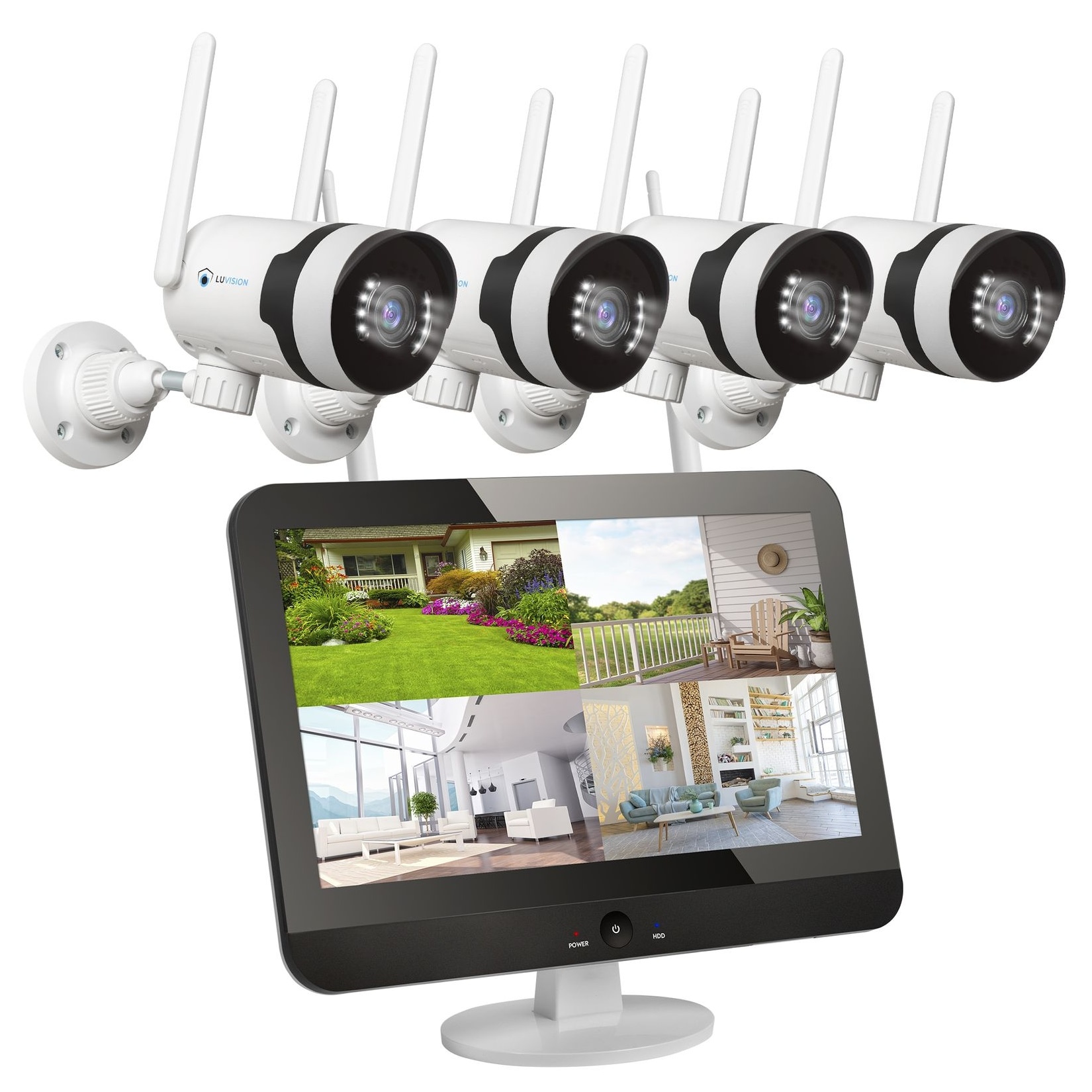 LUVISION Dual WLAN PTZ Überwachungssystem mit LED Monitor 5MP Überwachungskamera Set, Audio, Sirene, Smarte Nachtsicht